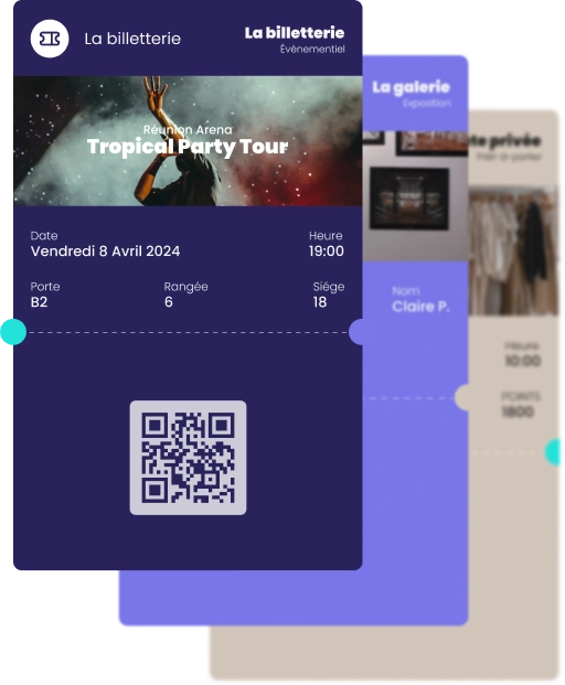 Visuel qui illustre des pass qui peuvent générés pour plusieurs types d'événements (billets de concert, tickets d'entrée, invitations à des événements privés, expositions)
