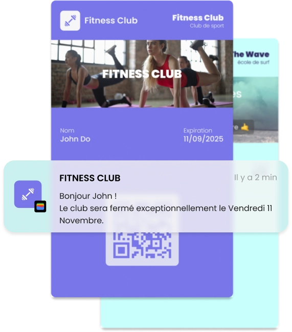 Visuel qui illustre des cartes d'abonnements dématérialisés avec les différentes possibilités de personnalisation et de système de notifications qui vous permette d'être plus proche de vos clients et de communiquer plus simplement avec eux, grâce à Runwallet.