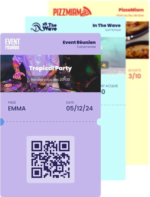 Visuel qui illustre différentes cartes, billets, invitations, tickets qui peuvent être dématérialisé et accessible directement depuis un smartphone à travers le wallet natif de vos clients, grâce à la puissance des solutions proposée par Runwallet.