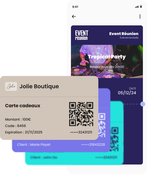 Visuel qui illustre le niveau de personnalisation que peut vous offrir Runwallet (visuels, couleurs, logos, infos), en passant par la dématérialisation de tout type de carte physique, qui sont regroupées dans le wallet natif de vos clients.