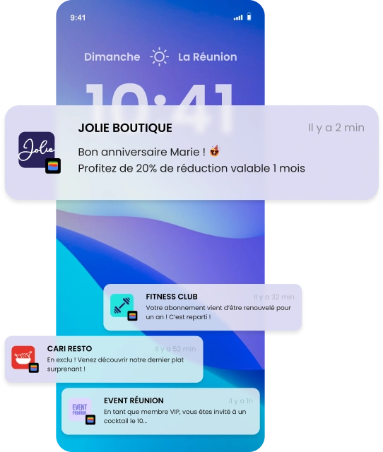 Visuel qui illustre la puissance de personnalisation des notifications que vous pouvez envoyer à vos clients, grâce au module de communication innovant de Runwallet.
